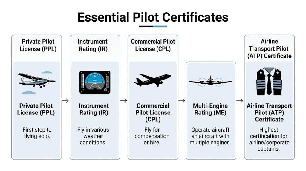 How to Become a Corporate Jet Pilot: A 2026 Roadmap 3 A flow chart illustrating the essential pilot certifications, from Private Pilot License to Airline Transport Pilot Certificate.