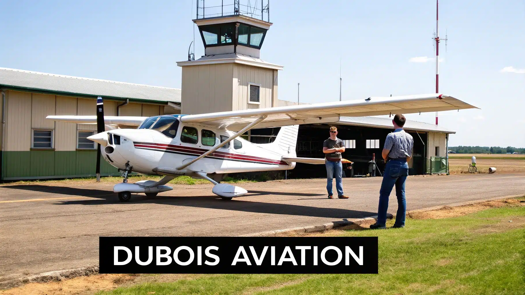 Your Guide to Instrument Flying Training 4 A white propeller plane on an airfield tarmac with two men, an air traffic control tower, and a hangar.
