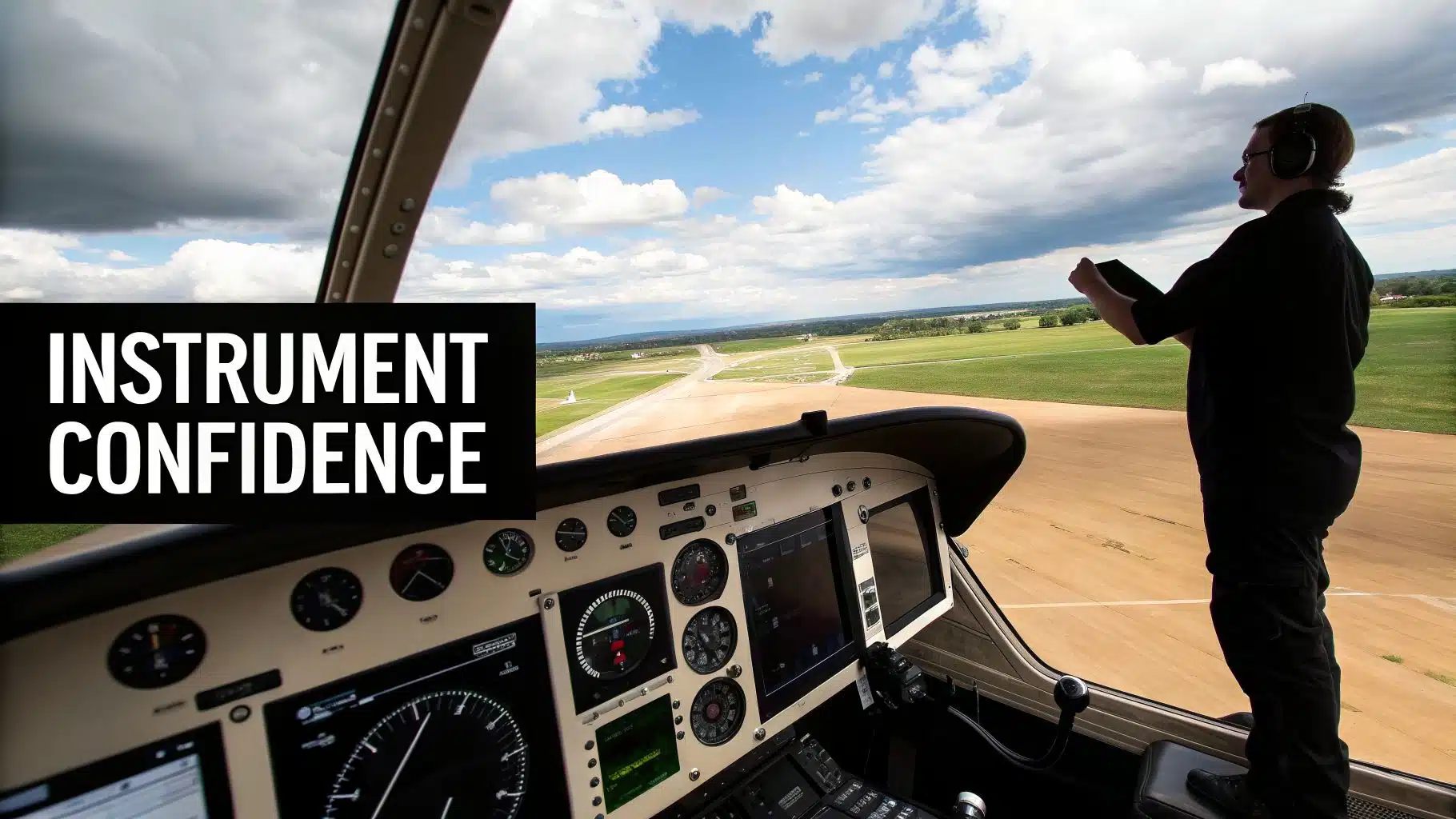 Your Guide to Instrument Flying Training 2 A pilot stands in a cockpit, looking towards a runway with instruments below, promoting 'INSTRUMENT CONFIDENCE'.