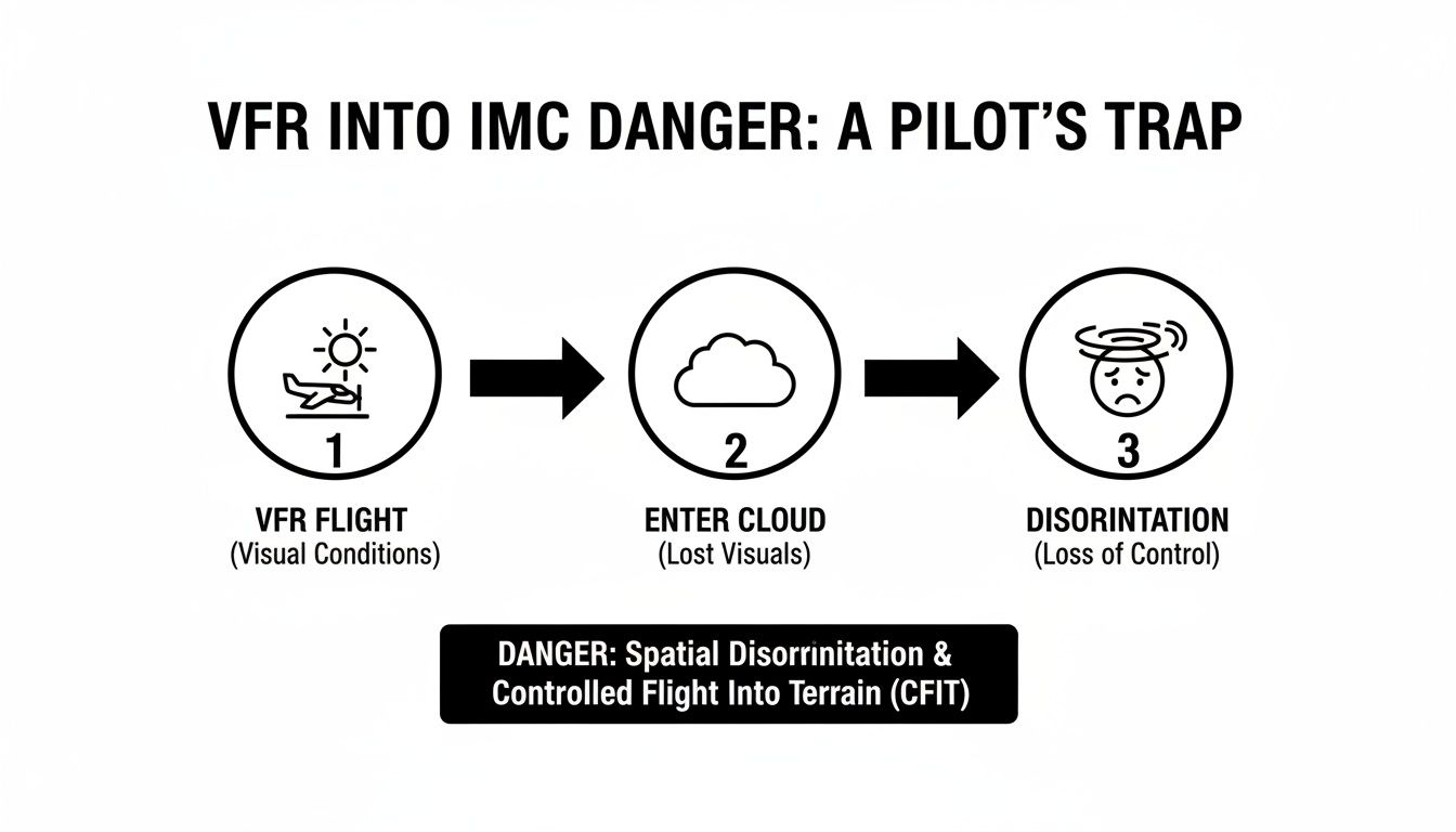 Your Guide to Instrument Flying Training 3 Diagram illustrating the danger of VFR flight into IMC, leading to pilot disorientation and loss of control.