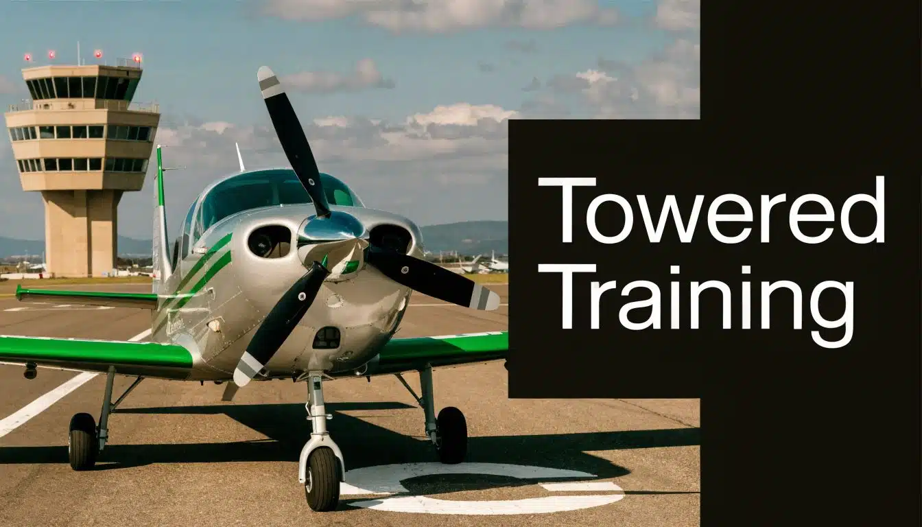 Pilot License Training Near Me: Find Top Schools 5 A small private aircraft parked on an airport runway next to a prominent air traffic control tower.