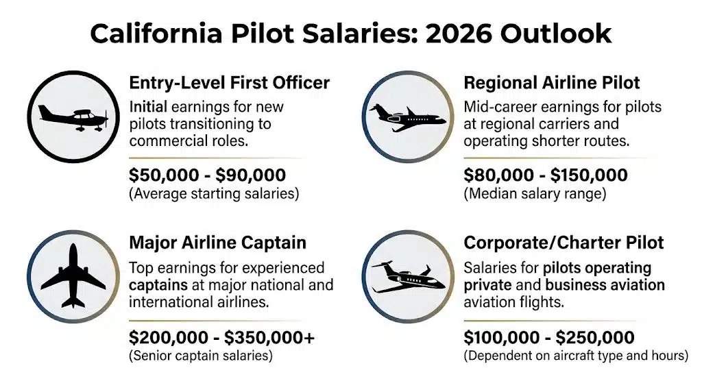 Pilot Salary California 2026: Maximize Your Pay 2 An infographic showing the 2026 salary projections for various pilot roles within the state of California.