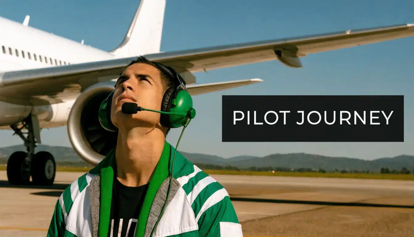 Pilot Salary California 2026: Maximize Your Pay 3 A young man wearing green headphones looking up at a parked airplane on an airfield.
