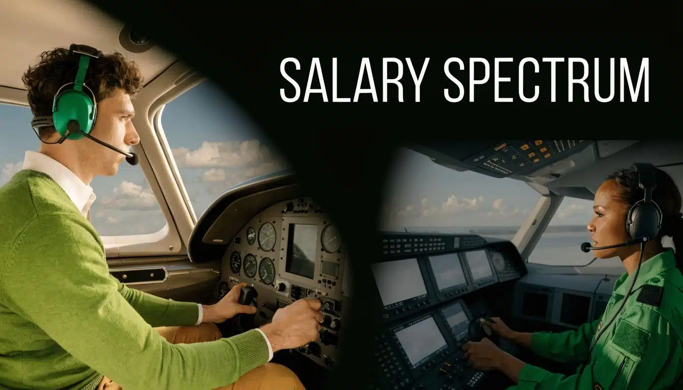 Pilot Salary California 2026: Maximize Your Pay 4 A male and female pilot sitting in different airplane cockpits with the text Salary Spectrum above them.