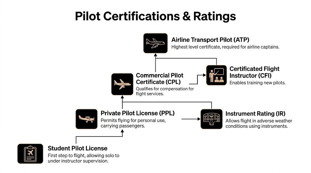 Start Pilot Training California in 2026 3 A flowchart showing the progression of pilot certifications and ratings from student pilot to airline transport pilot.