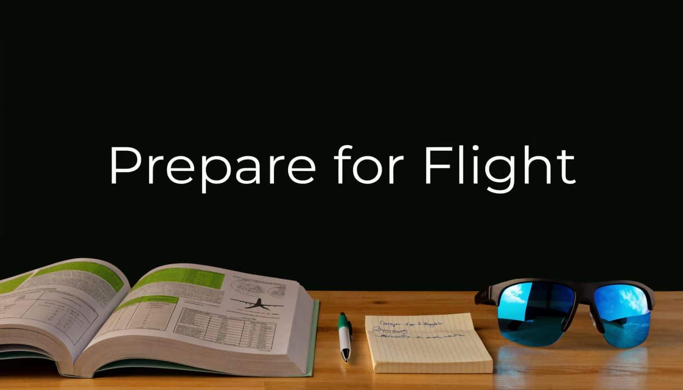 Your First Plane Flying Lesson: A Complete Guide for 2026 3 A study desk with a flight textbook, a pen, and blue sunglasses under the words Prepare for Flight.