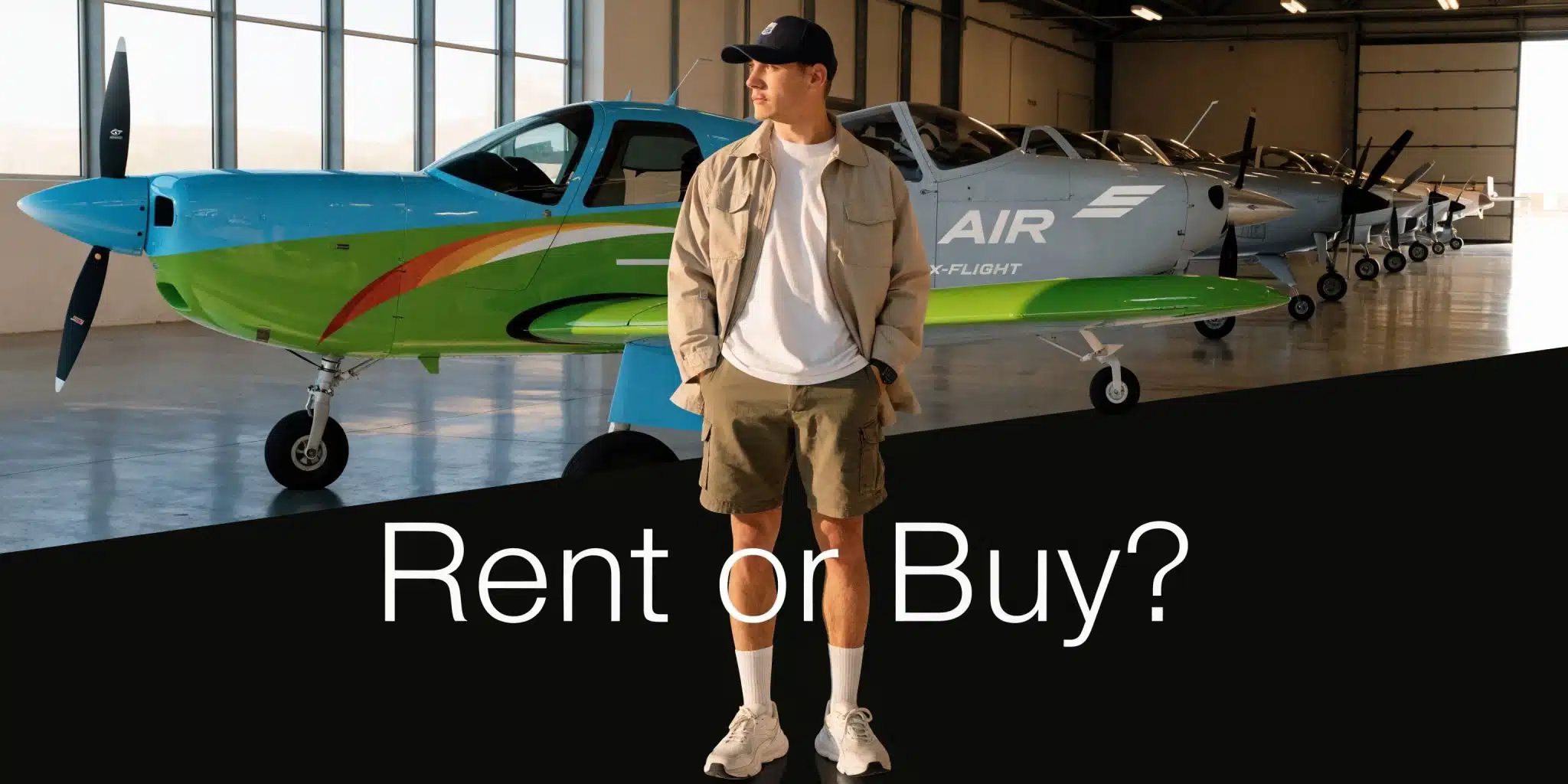 2026 Private Pilot License Cost: Your Guide 5 A young man standing in a hangar filled with light aircraft, questioning whether to rent or buy.