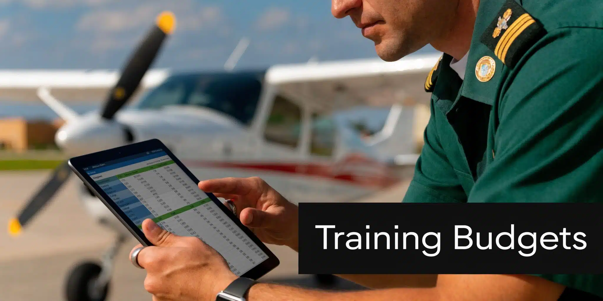 2026 Private Pilot License Cost: Your Guide 3 A pilot holding a tablet displaying financial data with a small aircraft parked in the background.