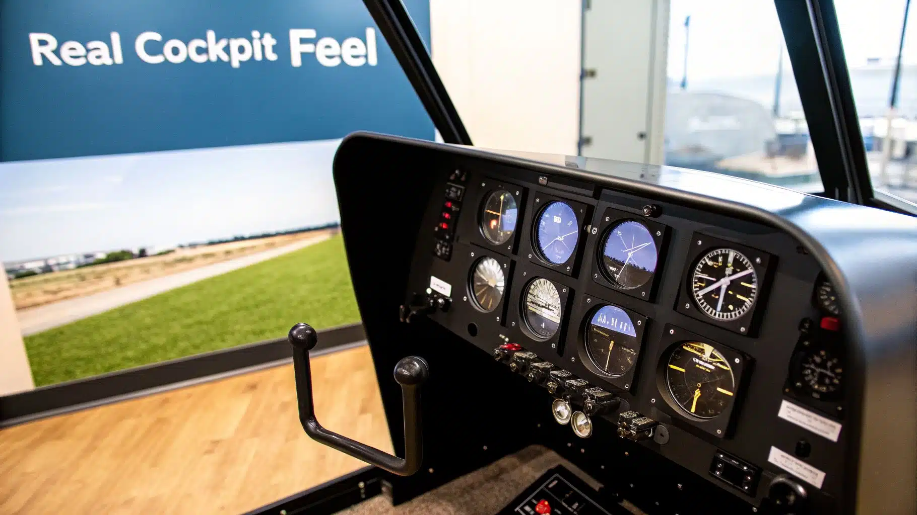 A Pilot's Guide to Redbird Flight Simulators 3 A detailed view of a flight simulator cockpit with numerous instruments and controls, showing a virtual outdoor scene.