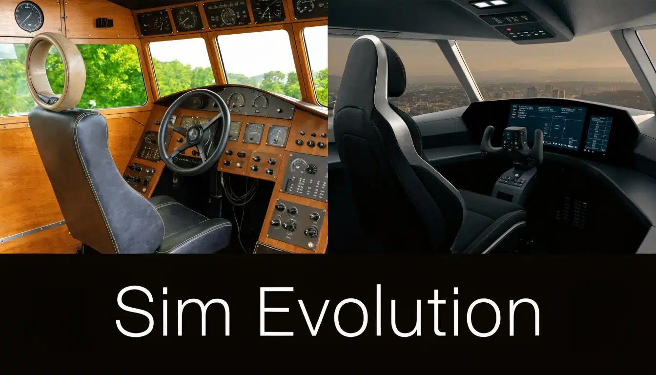 Simulated Flight Experience: Your First Step to the Cockpit 3 A split-screen comparison showing the evolution from a classic wooden cockpit to a modern high-tech flight simulator.