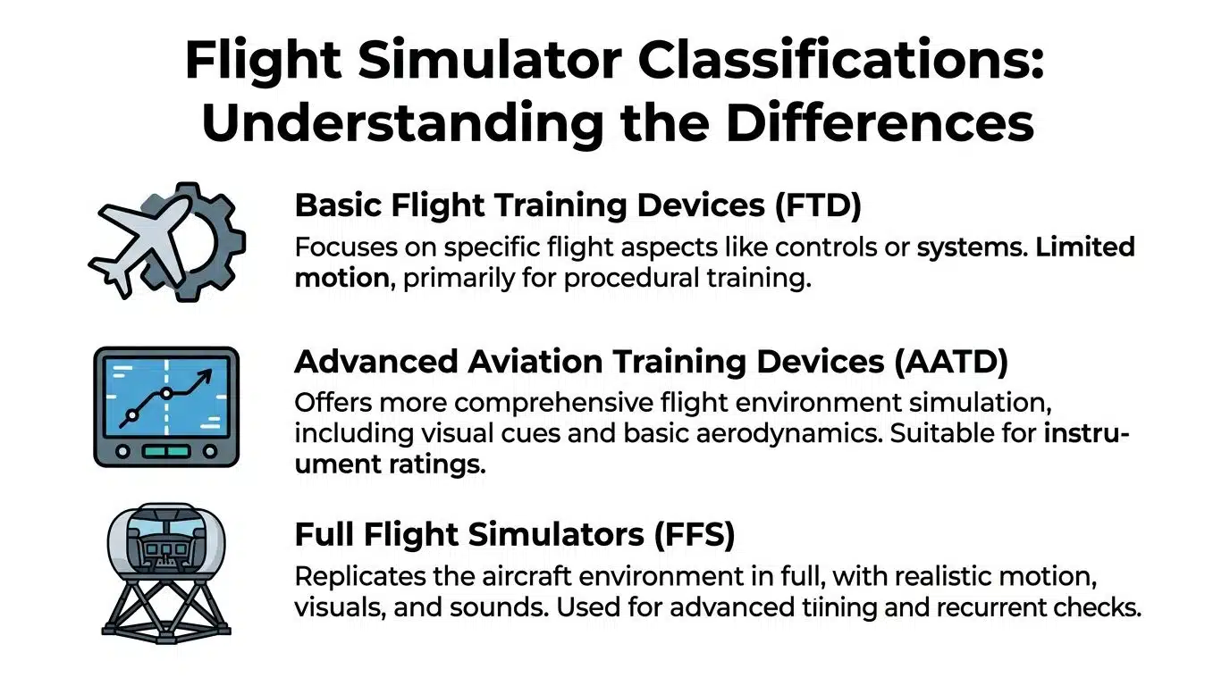 Simulated Flight Experience: Your First Step to the Cockpit 4 An infographic showing classifications of flight training devices including FTDs, AATDs, and full flight simulators.