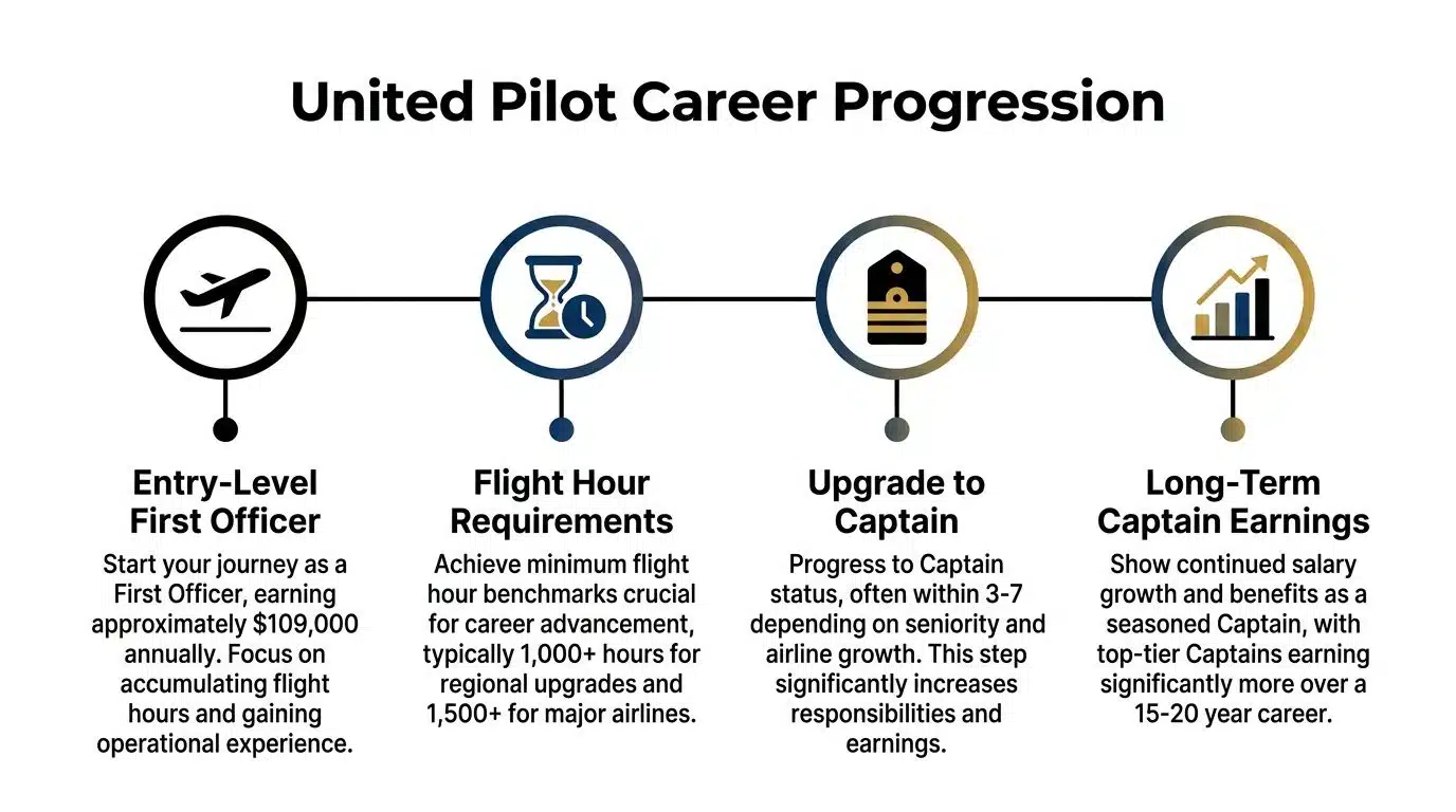 United Airlines Captain Pilot Salary Guide for Career Growth 2 A diagram illustrating the four steps of career progression and salary growth for United Airlines pilots.