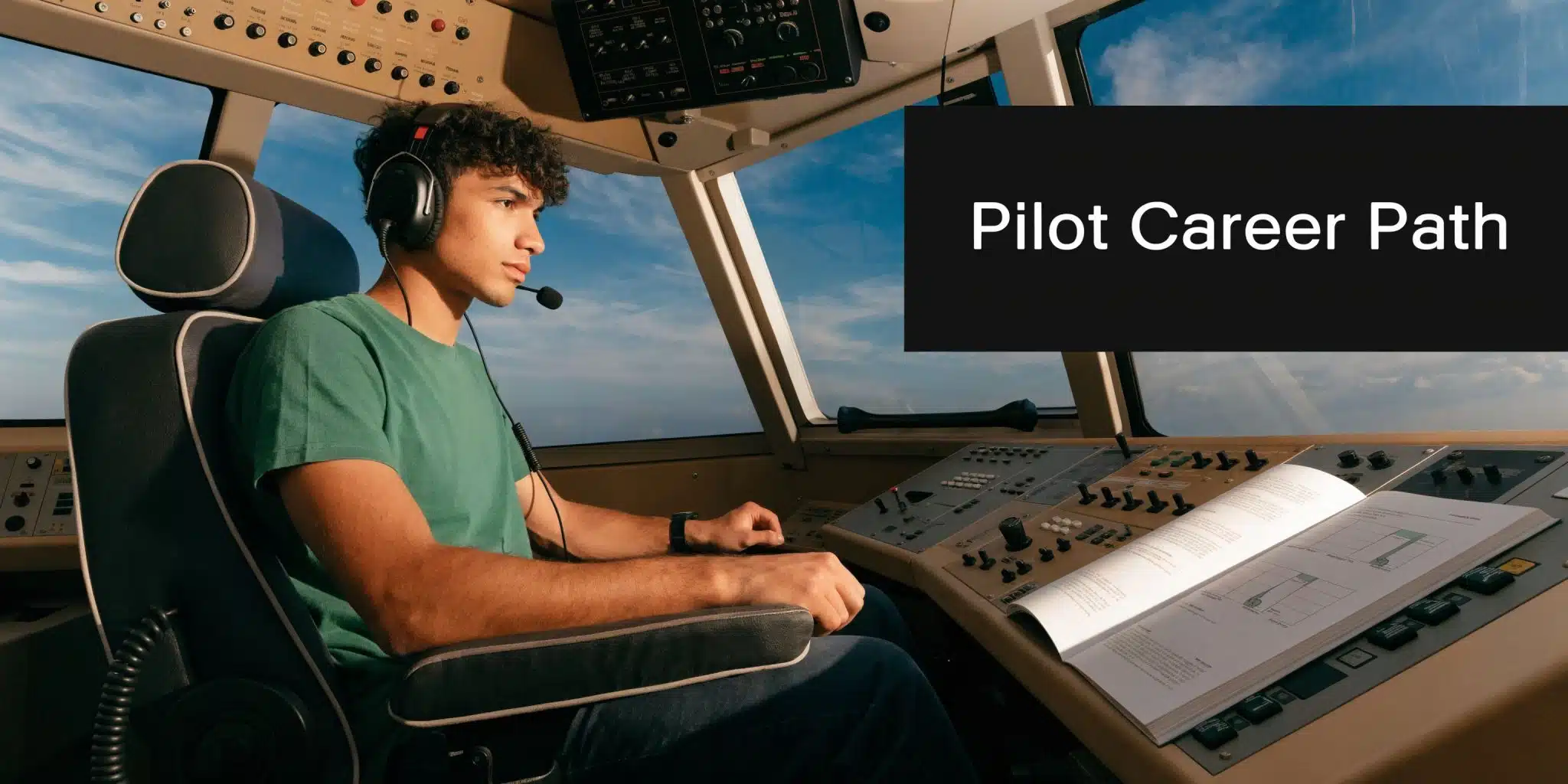 United Airlines Captain Pilot Salary Guide for Career Growth 3 A young pilot in training studying technical manuals inside a modern aircraft cockpit during flight.