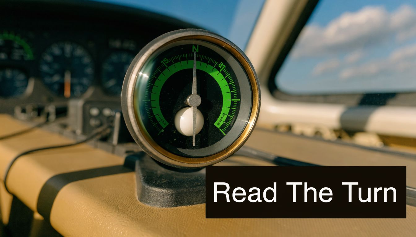 What is a Standard Rate Turn? A Pilot's Guide 3 A close-up view of a turn coordinator instrument inside an airplane cockpit with a clear sky background.