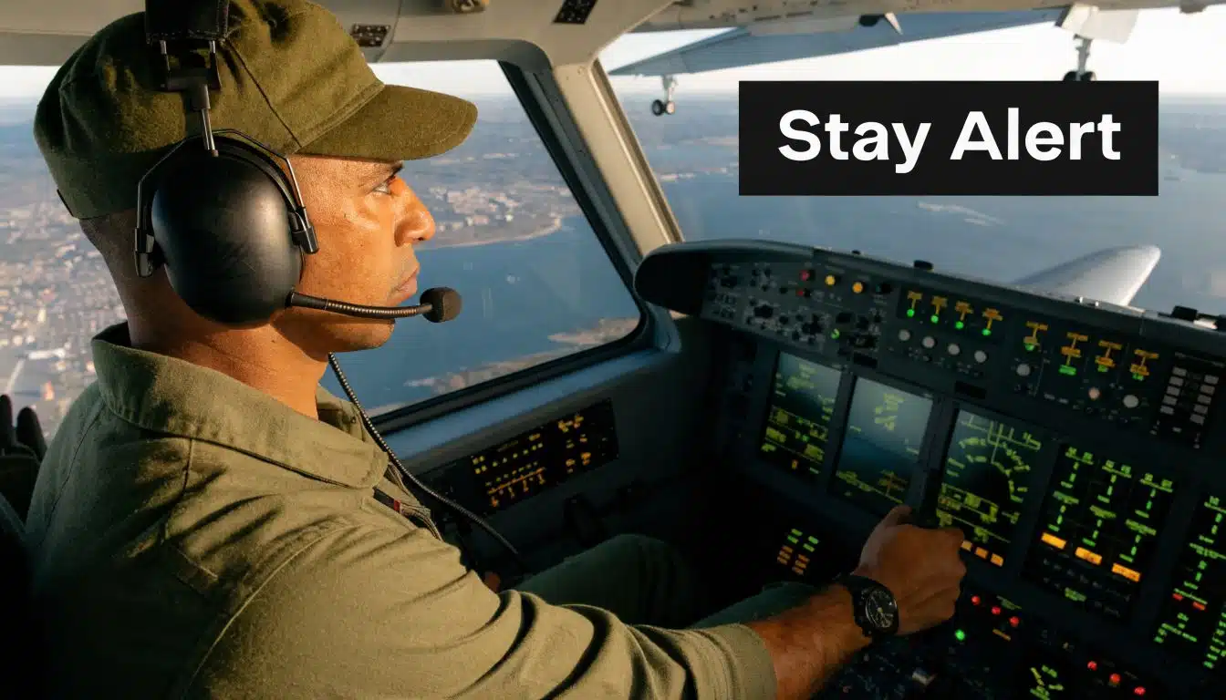 What Is Situational Awareness in Aviation? A Pilot's Guide 2 A pilot wearing a headset and uniform sitting in the cockpit of an airplane while flying.