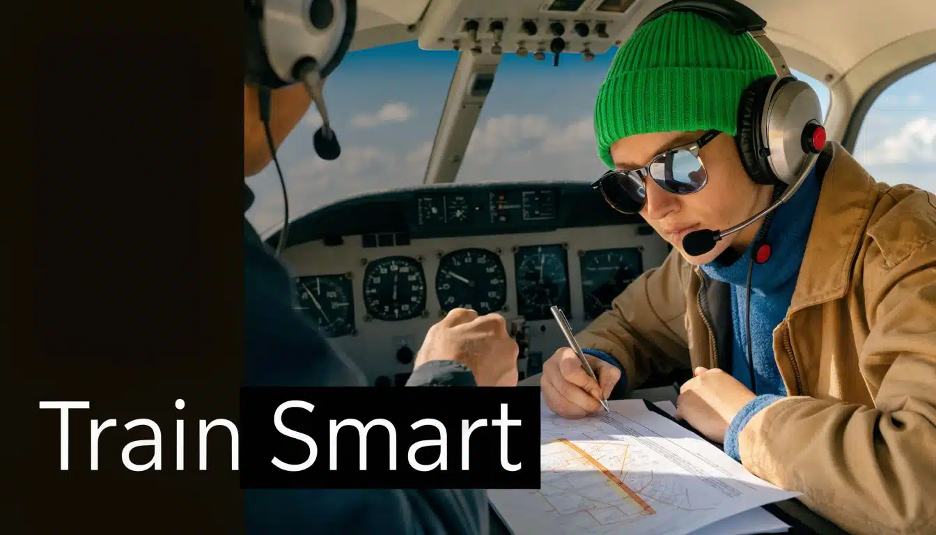 What Is Situational Awareness in Aviation? A Pilot's Guide 4 A student pilot and instructor review flight charts inside a cockpit, focusing on aviation training and situational awareness.