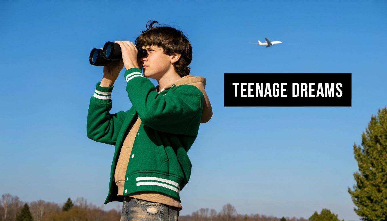 Aviation Summer Camps: The 2026 Guide for Aspiring Pilots 2 A young boy in a green jacket looks through binoculars at an airplane in the blue sky.