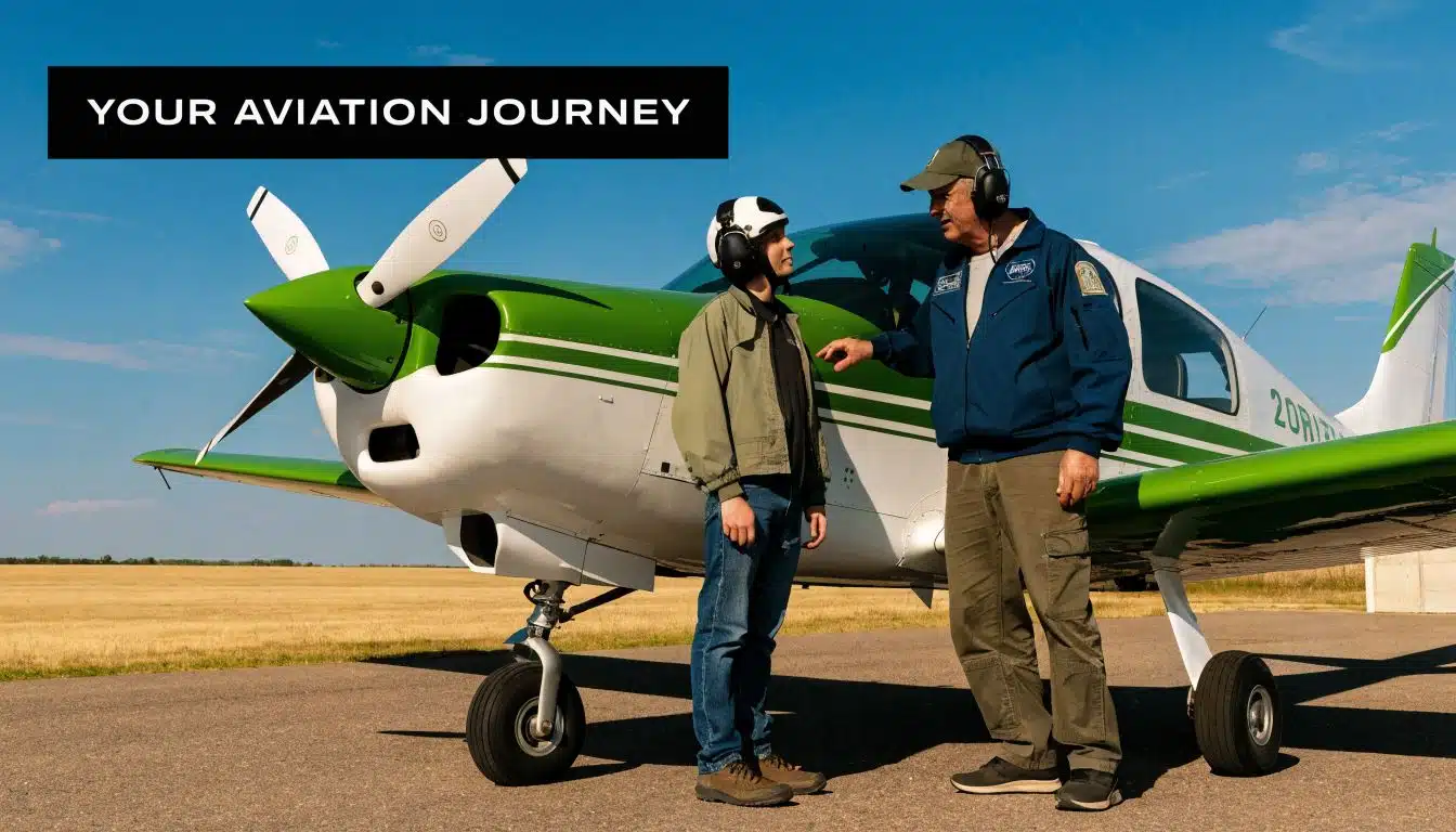 Aviation Summer Camps: The 2026 Guide for Aspiring Pilots 5 A flight instructor gives instructions to a young student pilot in front of a green airplane.