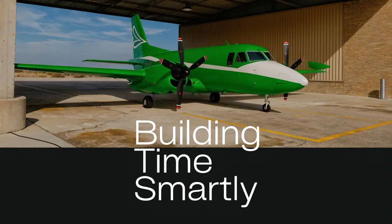 Cheapest Multi Engine Time Building: A Pilot's Guide 4 A green multi-engine aircraft parked in a hangar during the day for pilot training and flight hours.