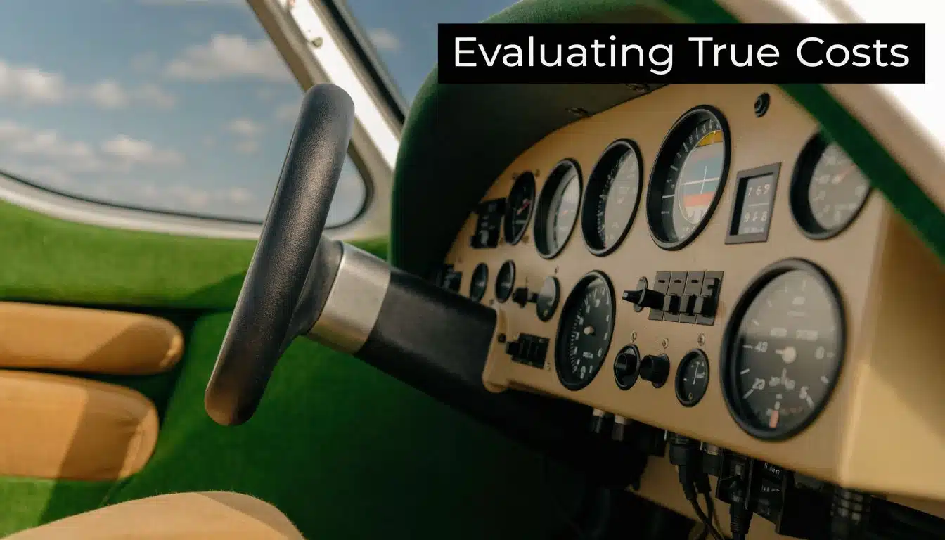 Cheapest Multi Engine Time Building: A Pilot's Guide 2 Inside view of an airplane cockpit featuring the steering yoke and various analog flight instruments on dashboard.