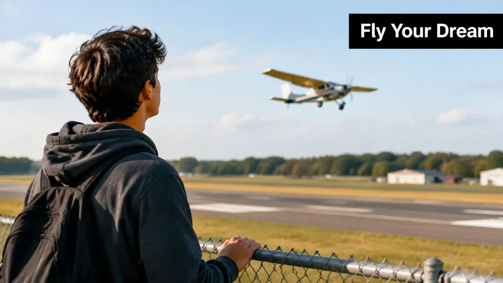 EAA Flight Training Scholarships: A 2026 How-To Guide 2 A young man wearing a hoodie looks up at a small airplane landing at an airfield.