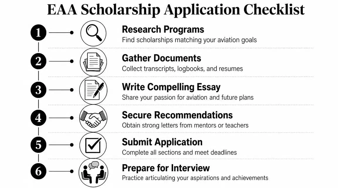 EAA Flight Training Scholarships: A 2026 How-To Guide 4 A six-step EAA scholarship application checklist infographic outlining the process from research to interview preparation.