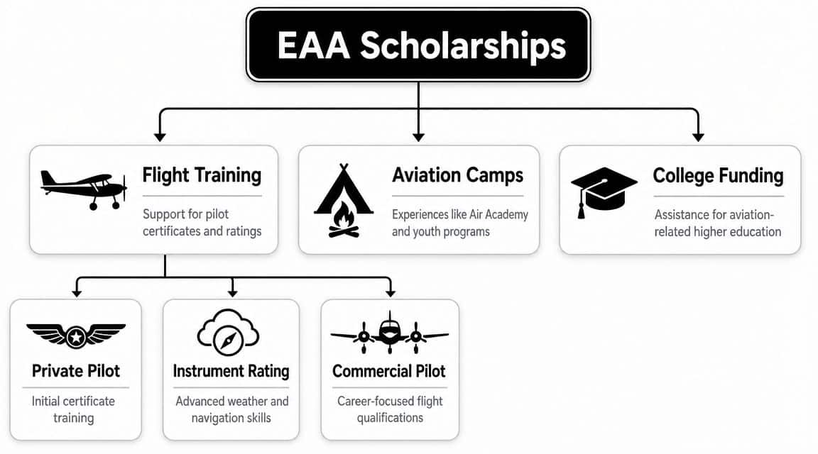 EAA Flight Training Scholarships: A 2026 How-To Guide 3 A flowchart detailing EAA scholarship categories including flight training, aviation camps, and college funding programs.