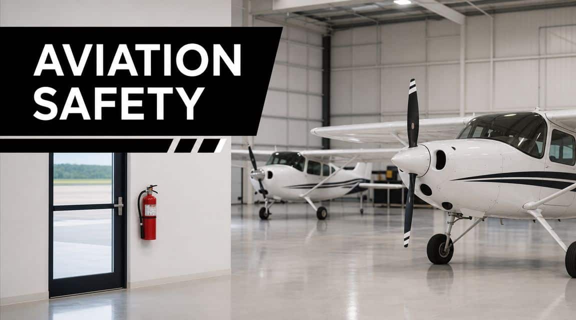 Fire Extinguisher Placement Guide for Flight Operations 3 A red fire extinguisher mounted on a white hangar wall next to parked light aircraft.