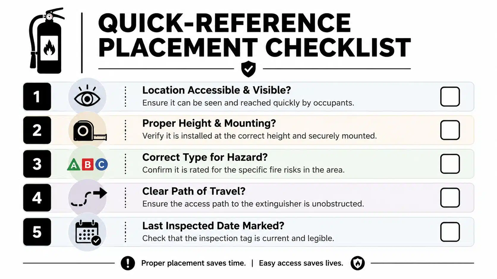 Fire Extinguisher Placement Guide for Flight Operations 5 A quick-reference checklist for proper fire extinguisher placement, including five essential safety steps and icons.