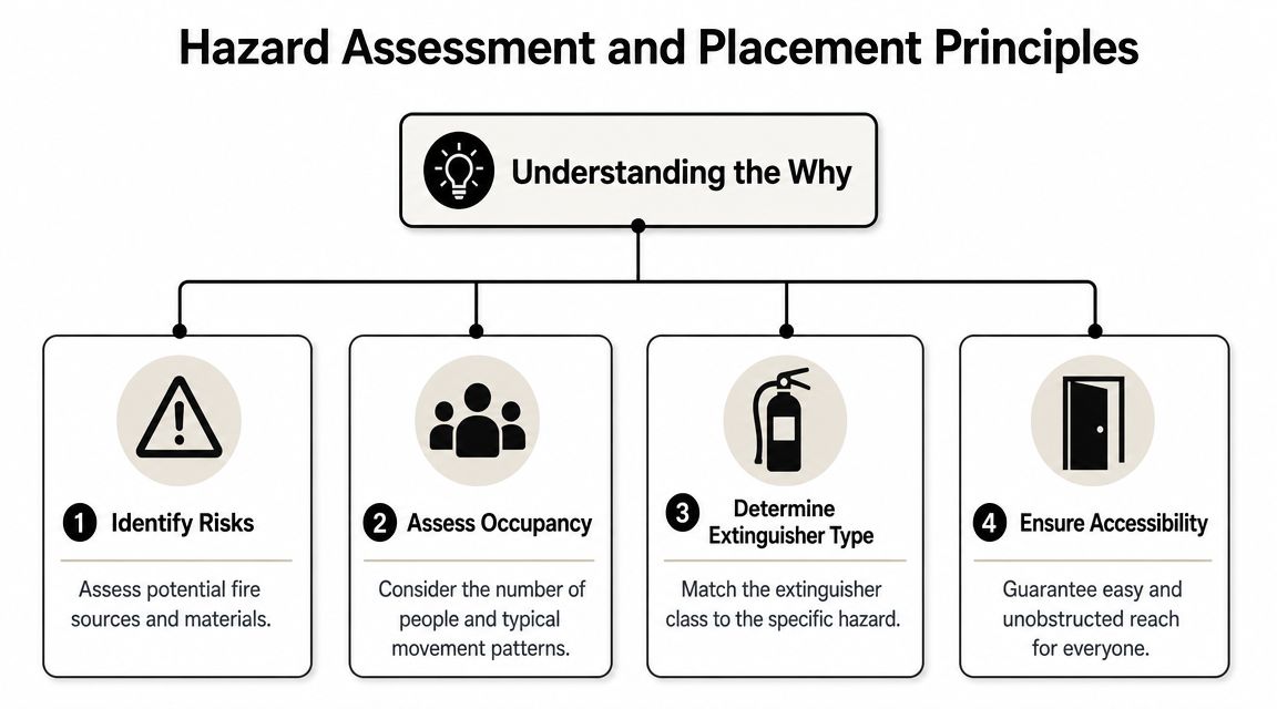 Fire Extinguisher Placement Guide for Flight Operations 2 A diagram outlining four principles for fire extinguisher placement, including risk assessment, occupancy, extinguisher type, and accessibility.