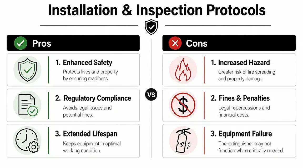 Fire Extinguisher Placement Guide for Flight Operations 4 A comparison chart outlining the pros and cons of professional fire extinguisher installation and inspection protocols.
