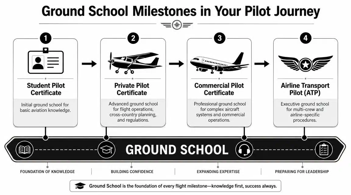 Flight Ground School: Your 2026 Guide to Getting Started 4 A diagram outlining the four ground school milestones in a pilot's career journey from student to ATP.