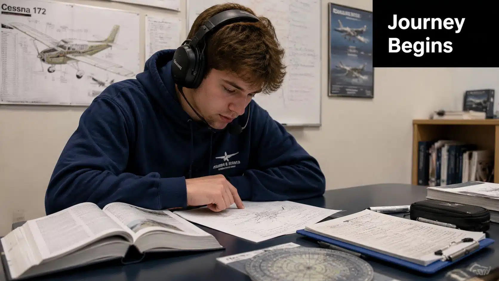 Flight Ground School: Your 2026 Guide to Getting Started 2 A young pilot student wearing headphones studies flight charts and textbooks at a desk while training.