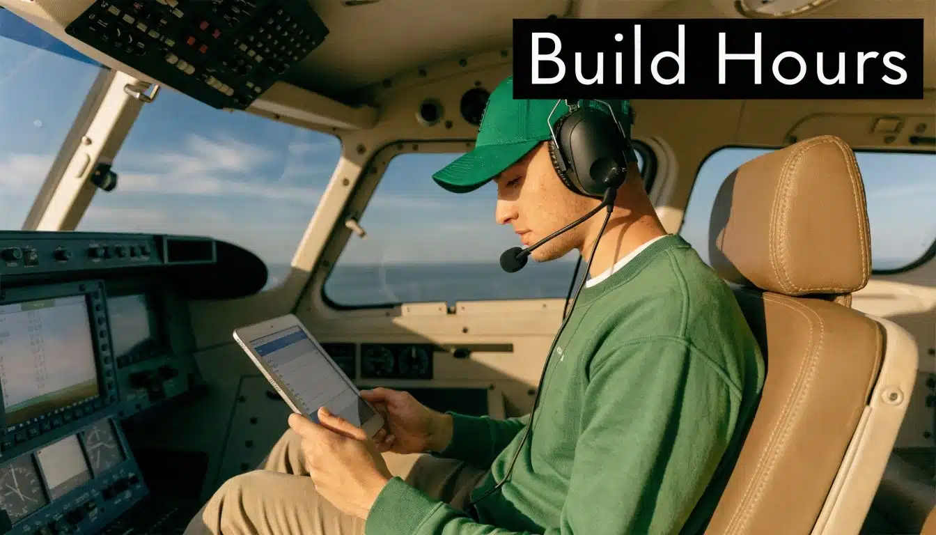 Land Flight Instructor Jobs: Your 2026 Career Guide 3 A young pilot wearing a green cap and headset sits in a cockpit reviewing data on a tablet.