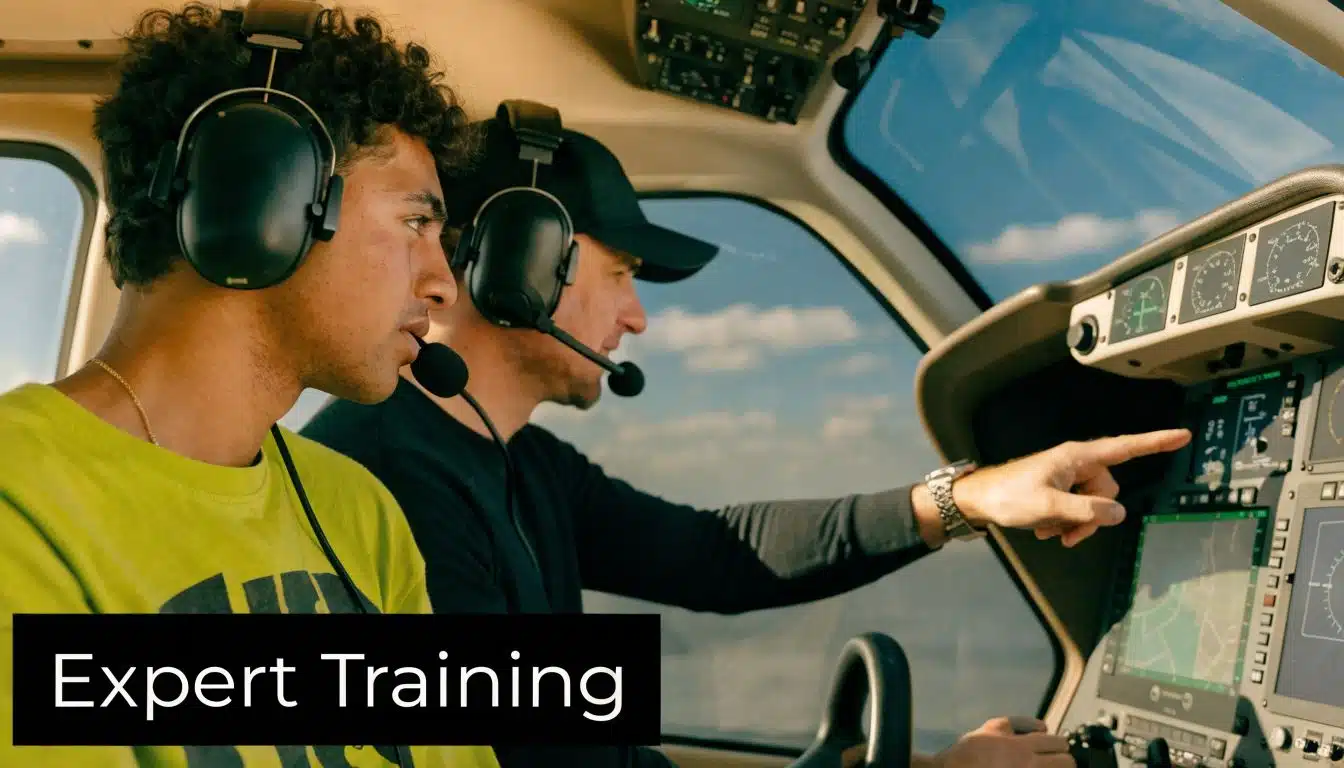 Helicopter Training California: Your 2026 Pilot Guide 4 An instructor pilot points to the dashboard for a student inside a helicopter cockpit during training.