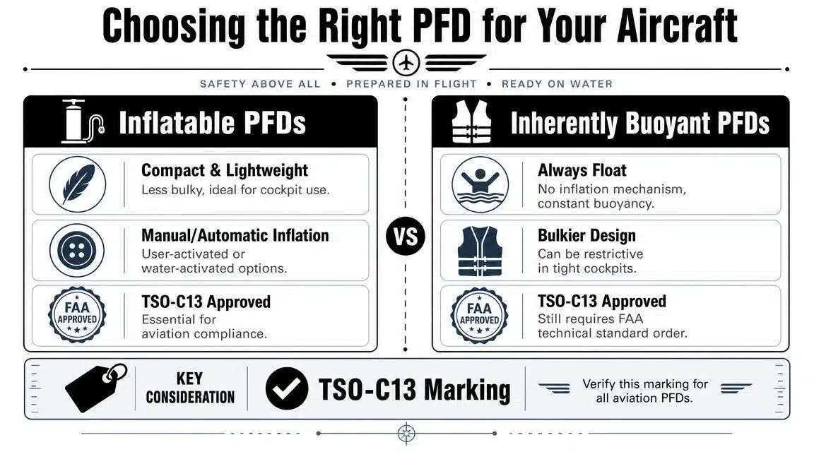 U.S. Pilot's Guide to Life Jacket Regulations 3 An infographic comparing inflatable versus inherently buoyant personal flotation devices for aviation use and safety.