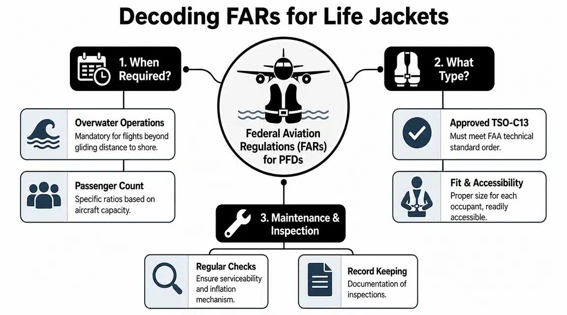 U.S. Pilot's Guide to Life Jacket Regulations 2 An infographic titled Decoding FARs for Life Jackets detailing aviation requirements for passenger safety equipment.