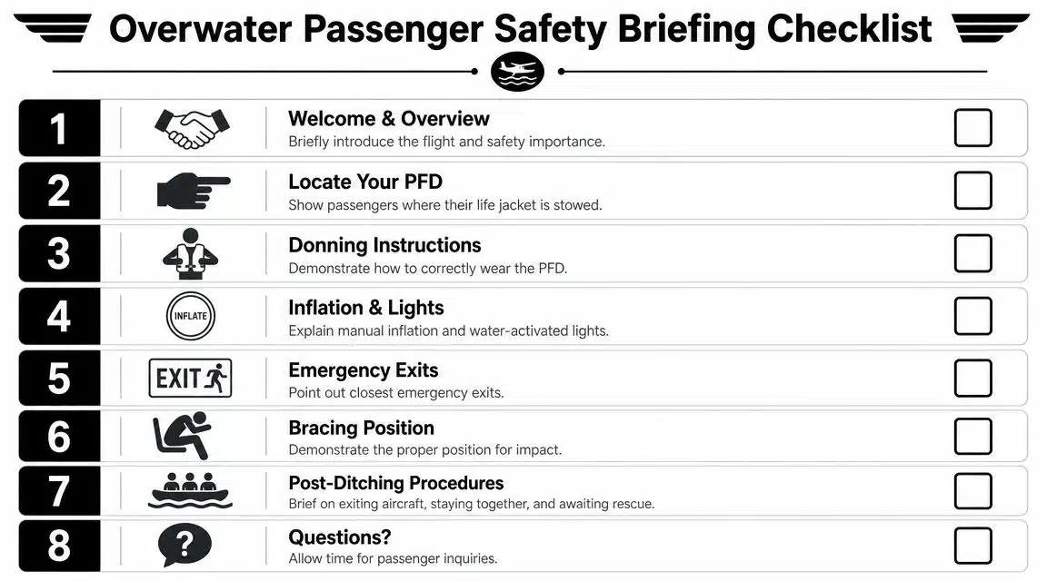 U.S. Pilot's Guide to Life Jacket Regulations 5 An overwater passenger safety briefing checklist for aviation, listing eight essential procedures for emergency situations.