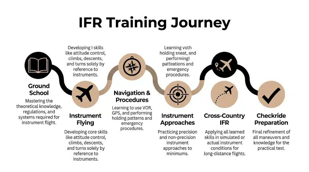 Pilot IFR Rating: Your Guide to Flying in the Clouds 3 A visual flow chart illustrating the key stages and requirements for completing an IFR flight training journey.