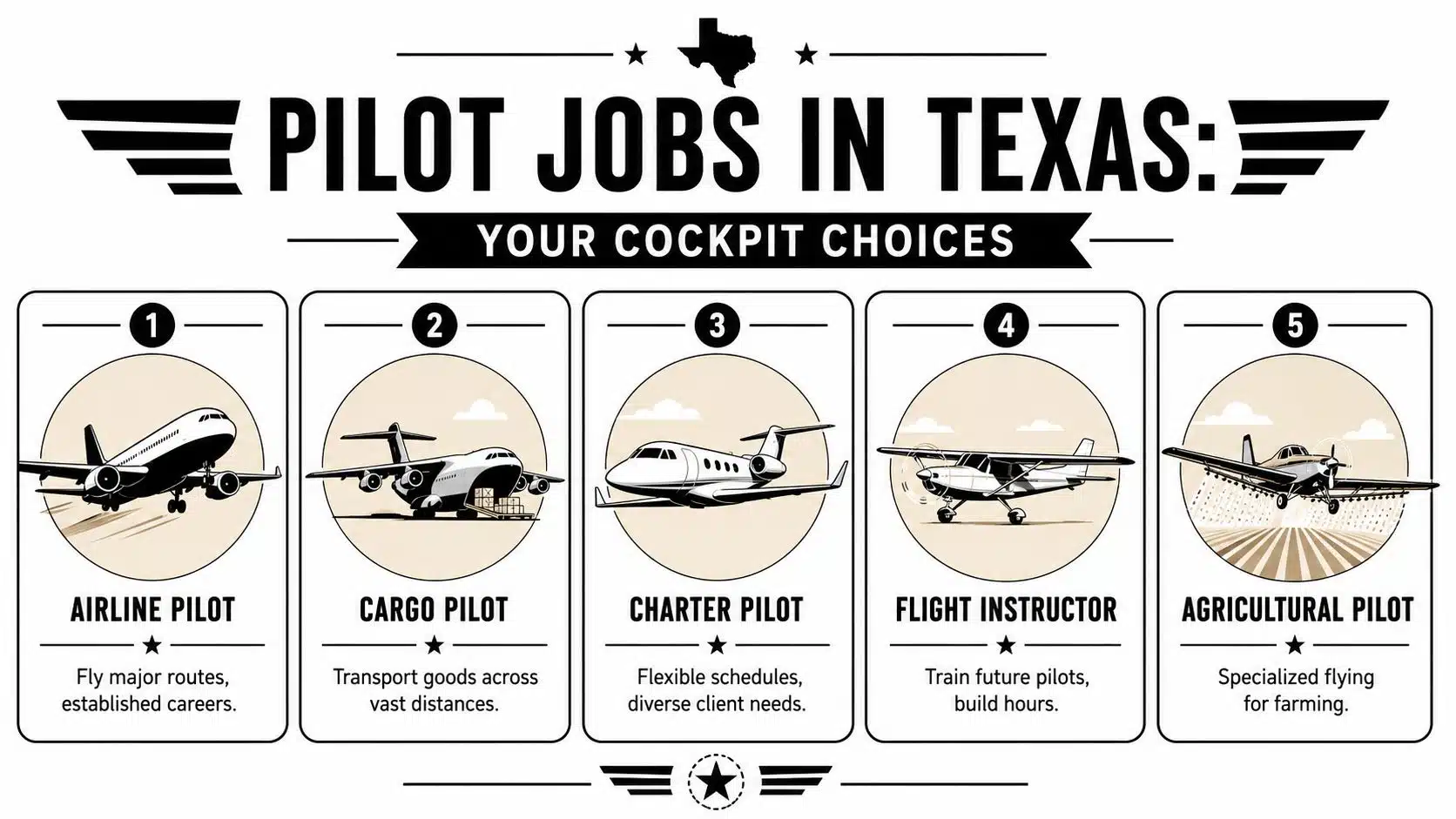 Pilot Jobs in Texas: Your 2026 Career Guide 2 An infographic titled Pilot Jobs in Texas showcasing five different career paths for pilots with illustrations.