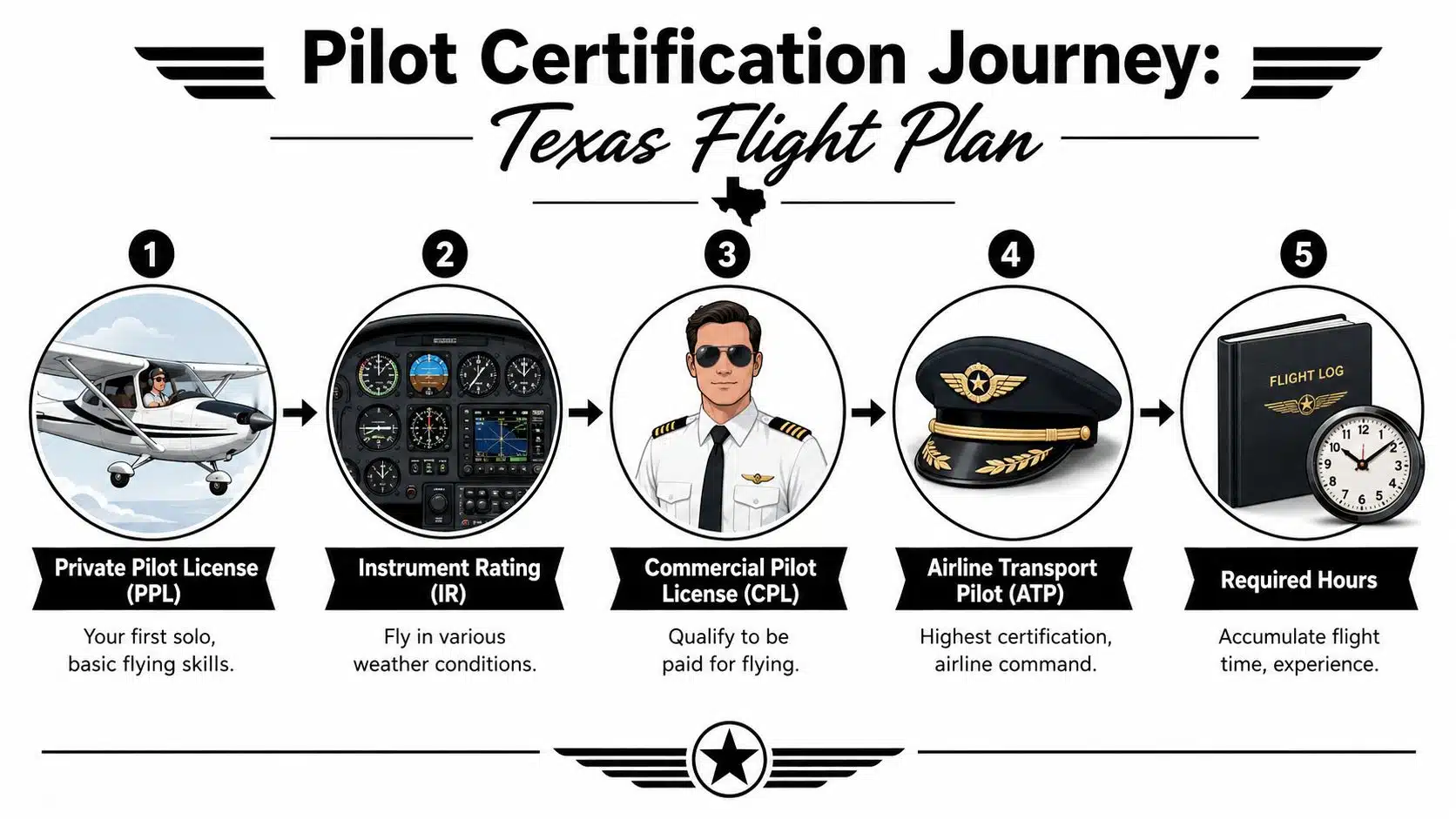 Pilot Jobs in Texas: Your 2026 Career Guide 3 A diagram illustrating the step-by-step process of becoming a certified pilot through five distinct stages.