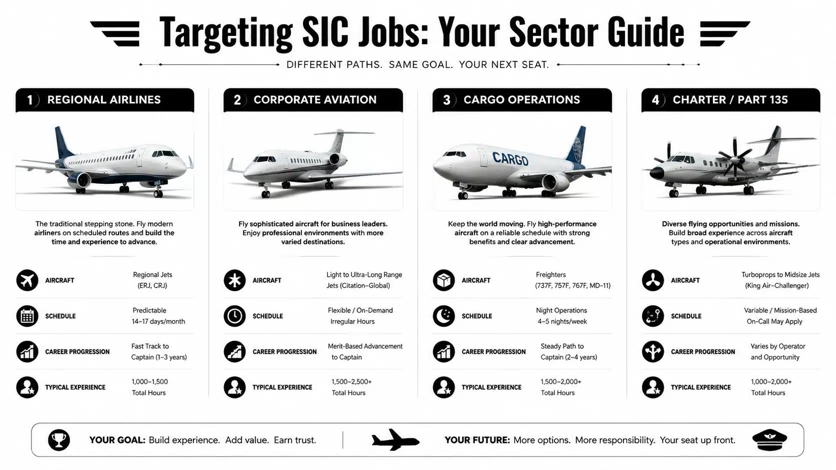 Pilot Jobs SIC: Your Roadmap to the Right Seat in 2026 4 An infographic comparing four aviation career paths for SIC pilot jobs: Regional, Corporate, Cargo, and Charter operations.