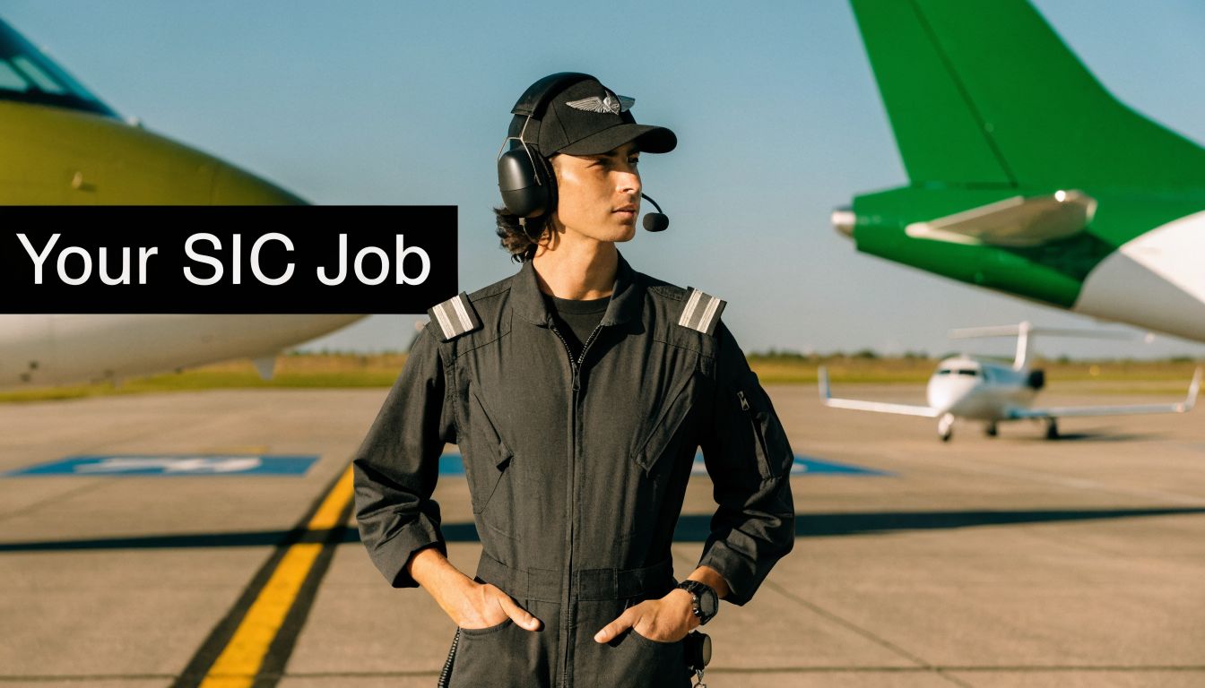 Secure Pilot SIC Jobs: Your 2026 Career Path 2 A young pilot wearing a black jumpsuit and headset standing on an airport runway near airplanes.