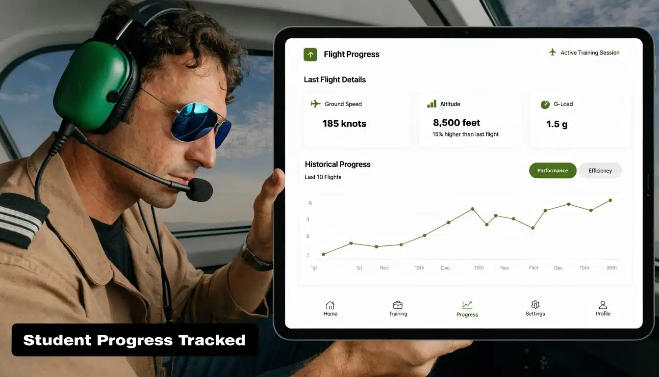 Master Your Flight Training with PilotTrainingTracker.com 3 A pilot wearing aviation headphones and sunglasses viewing a tablet screen displaying flight progress metrics and data.