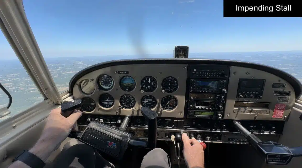 Power Off Stalls: A Pilot's Guide to Landing Proficiency 3 A pilot's view inside an aircraft cockpit demonstrating the control position during an impending stall maneuver.