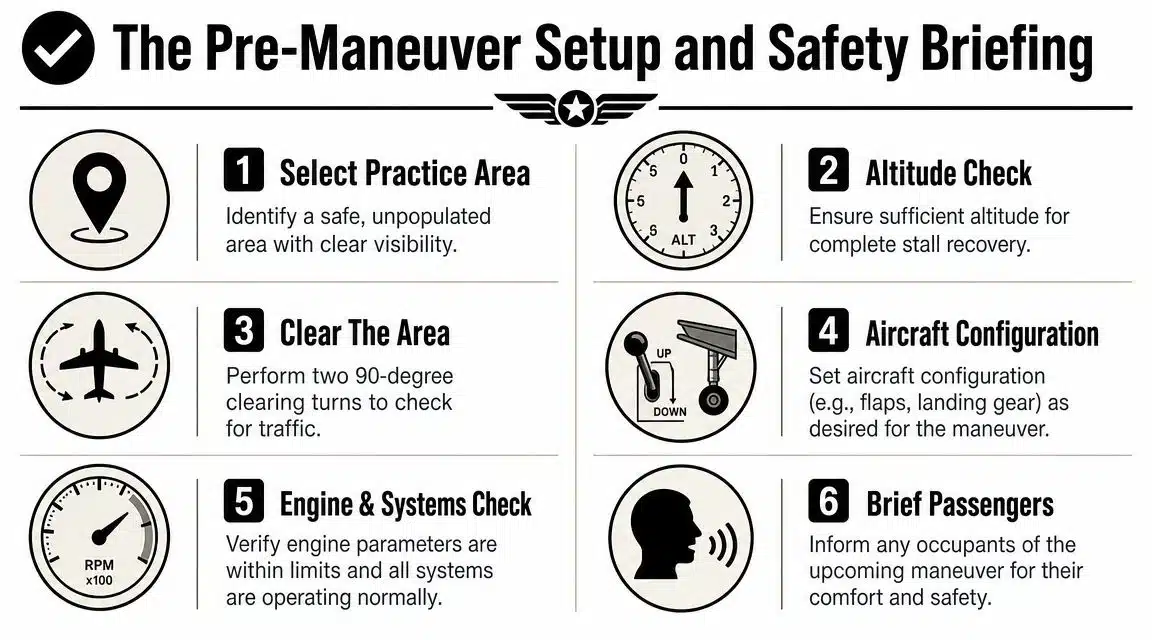 Power Off Stalls: A Pilot's Guide to Landing Proficiency 2 An infographic titled The Pre-Maneuver Setup and Safety Briefing detailing six essential steps for aviation maneuvers.
