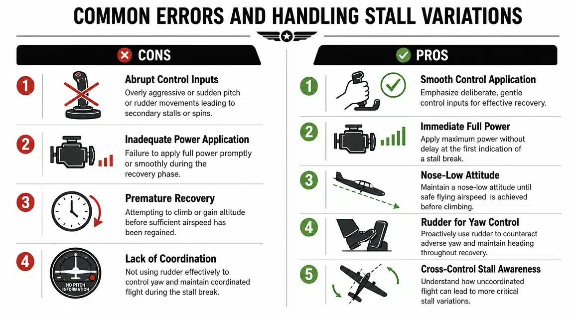 Power Off Stalls: A Pilot's Guide to Landing Proficiency 5 A visual guide illustrating common errors and proper handling techniques for stall variations in aviation.