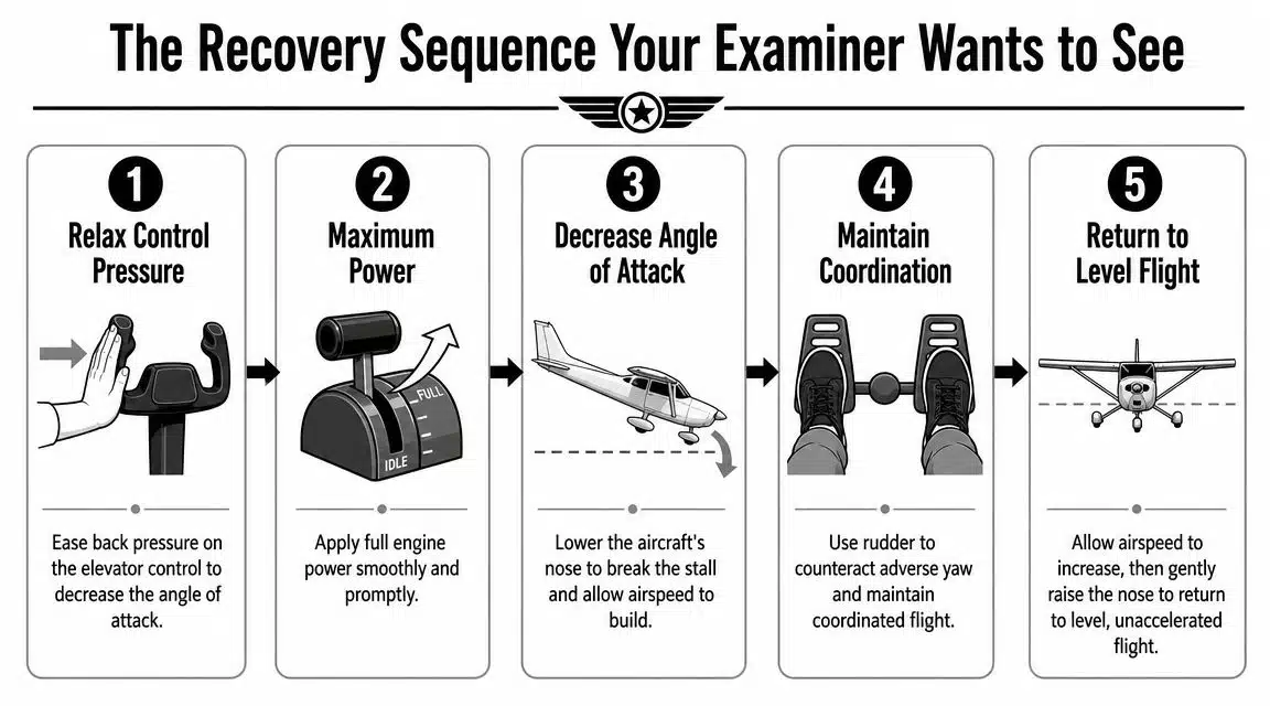 Power Off Stalls: A Pilot's Guide to Landing Proficiency 4 A diagram illustrating the five-step aircraft recovery sequence for pilots to safely recover from a stall.