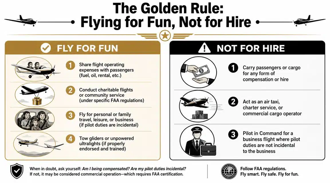 Private Pilot License Restrictions: A 2026 Guide 2 An infographic titled The Golden Rule explaining the limitations and permissions for private pilot flight operations.