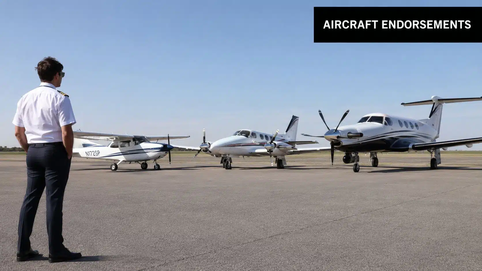 Private Pilot License Restrictions: A 2026 Guide 3 A pilot standing on the tarmac facing three different types of light aircraft under a clear sky.